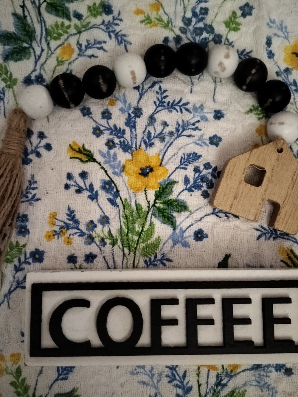 Hobby Lobby Black/White Wooden Bead Garland w/ Tassel & COFFEE Block Sign